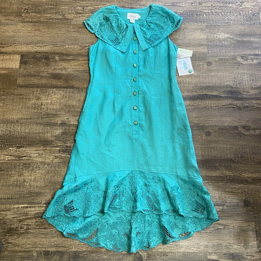 Vintage NWT J Song Linen Dress Teal Embroidered Cutwork Boho Cottagecore‎ Midi 6